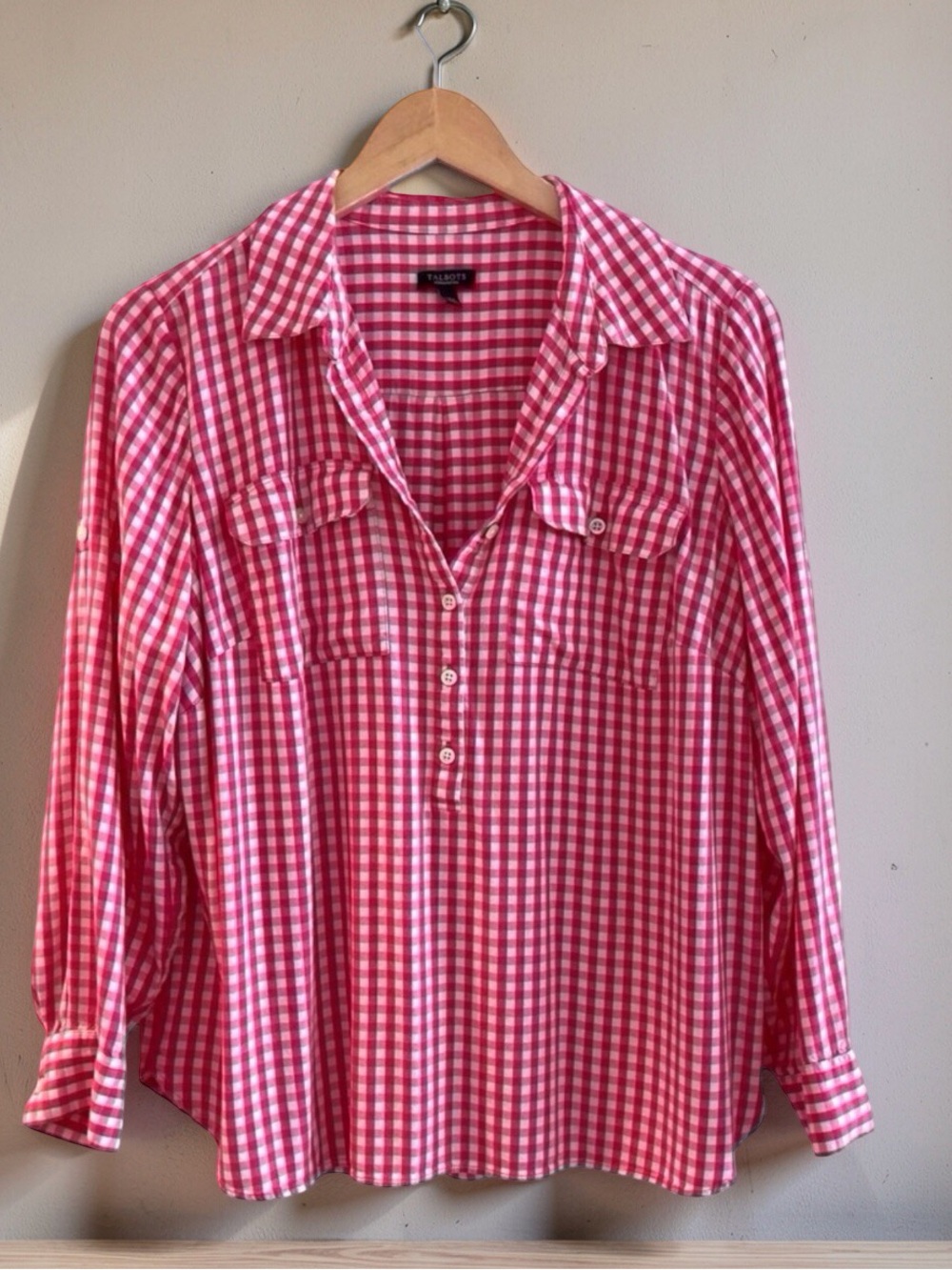 Talbots Woman Petites Pink Gingham Button Front Blouse 1XP